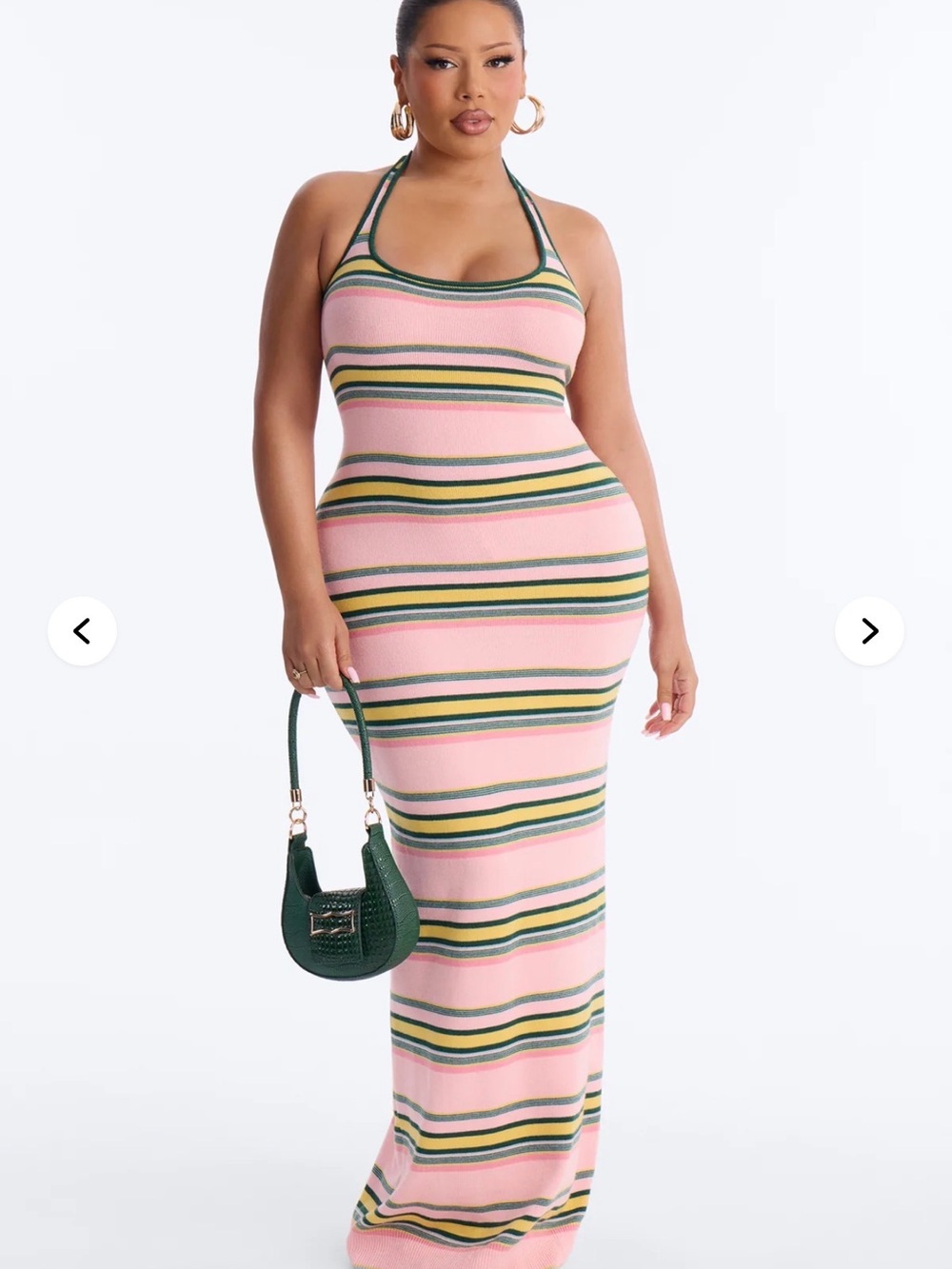 Fashion Nova Pink Striped Halter Maxi Dress with Green and Yellow Accents